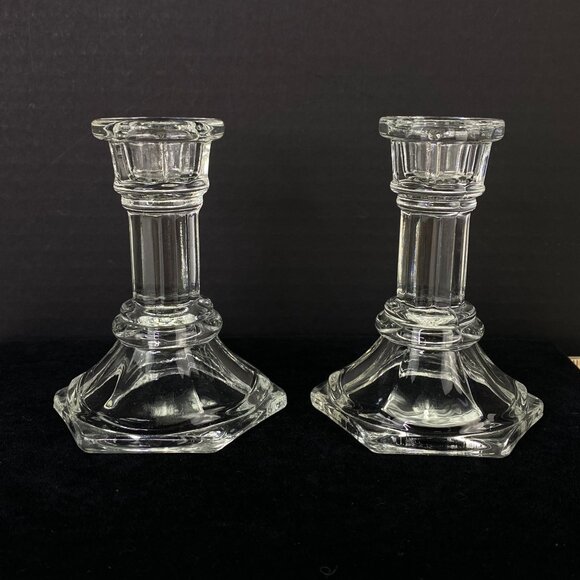 FTDA Clear Glass Taper Candlesticks 4 Inch Set Of 2 Hexagonal Base - Picture 2 of 8